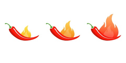 Red chilli peppers in fire flame isolated on white background. Chili pepper strength level indicator. Vector illustration.