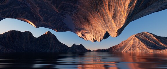 3d render, futuristic landscape with cliffs and water. Modern minimal abstract background. Spiritual zen wallpaper with sunset or sunrise light - obrazy, fototapety, plakaty