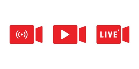 Live streaming icons. Red cameras on white background. Social media concept. Vector illustration.