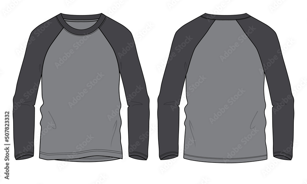 Sticker Two tone Grey And Black Color Raglan Long Sleeve T shirt Vector illustration template Front And back views Isolated on white background. Apparel Design Mock up CAD. - Stickers