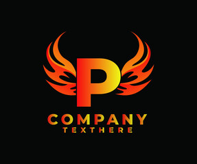 Letter P with Wing Logo. flame or fire gradient color logo.
