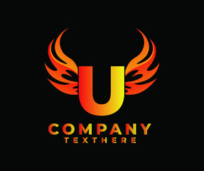 Letter U with Wing Logo. flame or fire gradient color logo.