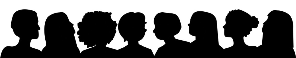 Silueta de retratos tipo cartoon de personas diversas juntas. Ilustraci&oacute;n negra sobre fondo blanco.
