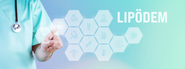 Lipödem. Männlicher Arzt zeigt mit Finger auf digitales Hologramm aus Icons. Text mit...