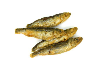 Deep Fried small Fishes Isolated On White Background. Simply food ,simply cooking - fried anchovies.