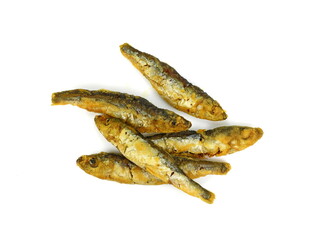 Deep Fried small Fishes Isolated On White Background. Simply food ,simply cooking - fried anchovies.
