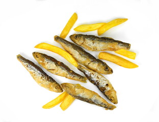 Deep Fried small Fishes Isolated On White Background. Simply food ,simply cooking - fried anchovies with potatoes.