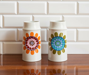 Mid-century modern pottery - two porcelain vase with colorful flower pattern