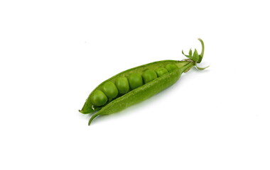 Fresh green pea pod with beans isolated on white background. Horizontal design element with clipping path