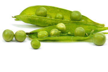 Fresh green pea pod with beans isolated on white background. Horizontal design element with clipping path