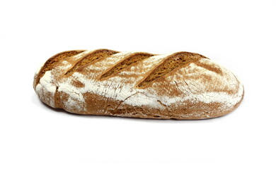 Fresh rye bread or whole grain bread. Isolated object on white background. Healthy baked bread, whole bread on white background.