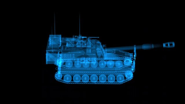 Self propelled artillery guns 4k loop rotating 360 degrees hologram footage. Slow motion 60 fps