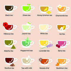 Minimal flat design of different tea types.  Vector EPS illustration.