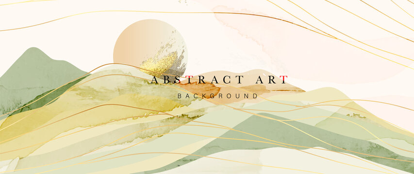 Abstract watercolor background vector. Luxury wallpaper with paint brush and gold line art. Mountains, hills, sun, green watercolor illustration for prints, wall art, cover and invitation cards.