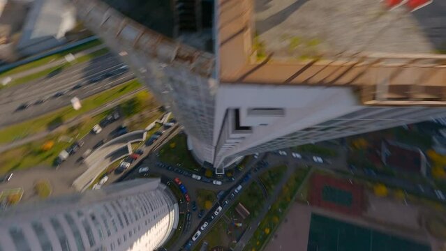 Action aerial shot of box fight on rooftop high building in Moscow, Russia