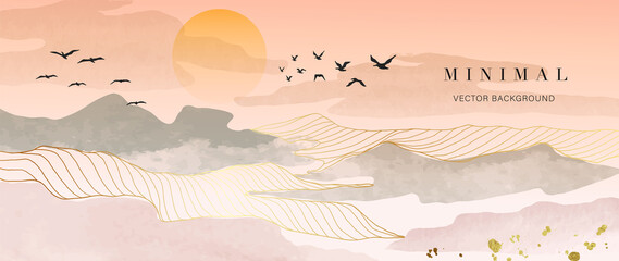 Abstract watercolor background vector. Luxury wallpaper with paint brush and gold line art. Mountain landscape, bird, sunset, watercolor illustration for wall art, cover and invitation cards.
