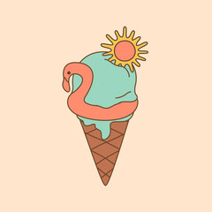 Doodle Ice Cream in Retro style. Vector isolated illustrstion Vanilla whit Sun and Flamingo for sticker and t shirt design in 1970 colors.