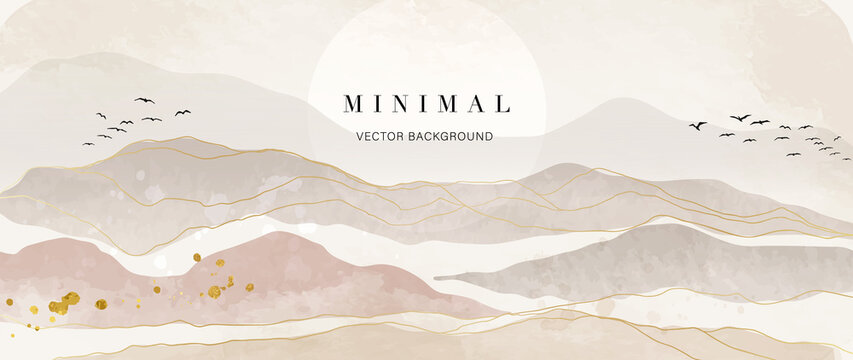 Abstract watercolor background vector. Luxury wallpaper with paint brush and gold line art. Mountain landscape, bird, sun, earth tone watercolor illustration for wall art, cover and invitation cards.