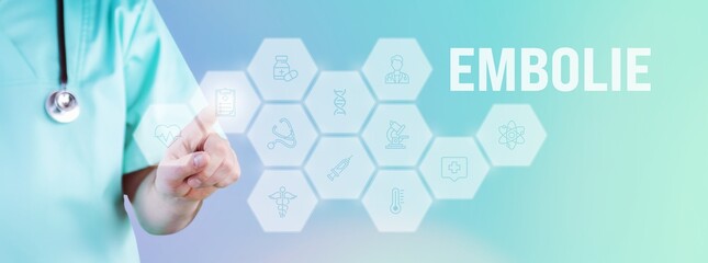 Embolie. Männlicher Arzt zeigt mit Finger auf digitales Hologramm aus Icons. Text mit medizinischen Begriff. Konzept für Digitalisierung in der Medizin