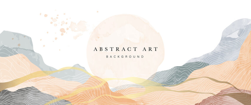 Abstract watercolor background vector. Luxury wallpaper with paint brush and gold line art. Mountain landscape, bird, sun, earth tone watercolor illustration for wall art, cover and invitation cards.