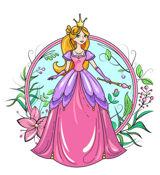 Princess standing in beautiful dress with magic wand. Charming fairy tale girl and circle frame with flowers and berries. Cartoon character colorful vector illustration. Design element, apparel print