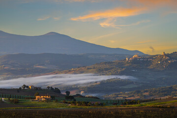 Typical Tuscan morning autumn landscape, Val D'Orcia, Tuscany, Italy