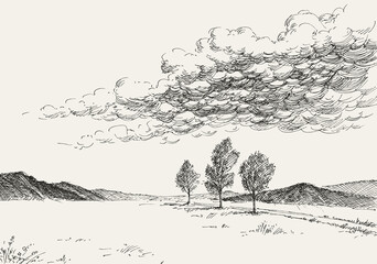 Trees landscape under the cloudy sky vector sketch