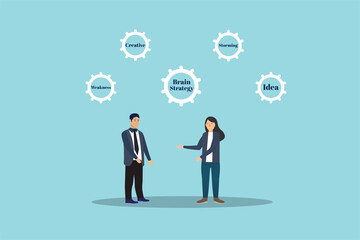Businessman conversation concept and a man and woman discussing business strategy. Teaching an employee some working strategies, flat character illustration. Business communication concept.