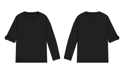 Long sleeve T shirt overall technical fashion flat sketch vector Illustration Black Color template front and back views. Basic apparel Design Mock up for Men's and boys.