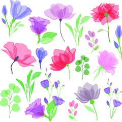 Set of cute hand drawn garden flowers. Lots of bright and beautiful colors. Vector illustration. Great for full house, banner, frame, website, landing page, flyer, postcard, print or invitation.