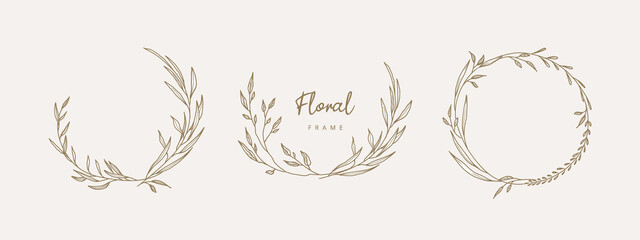 Hand drawn floral frames with flowers,  branch and leaves. Elegant logo template. Vector illustration for labels, branding business identity, wedding invitation