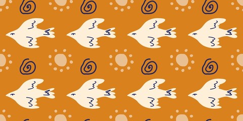 Seamless pattern, pattern with doves, sun and doodles, boho style. Symbol of pacifism and antimilitarism. International Day of Peace