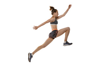Development of movements in long jump sport. One professional female athlete in sports uniform jumping isolated on white background.