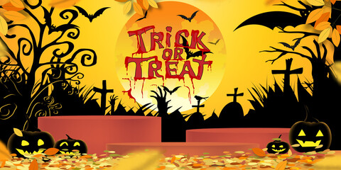 Halloween background in Autumn night,Vector Illustration Studio Room 3D podium, bat, zombie hand on graveyard in scary cemetery and Happy Halloween day with pumpkins face,Trick or Treat on full moon