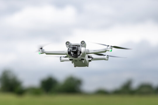Front view DJI Mini 3 Pro drone in flight, Mai 30, 2022, Germany