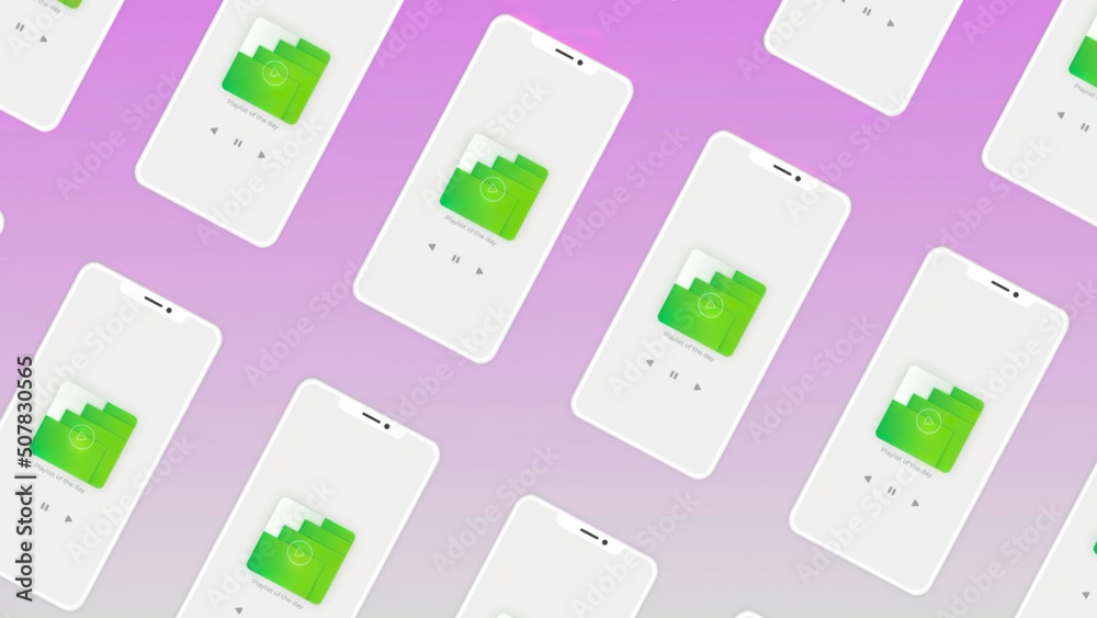 Poster rows of smartphone with a folder icons on each screen. motion. presentation of a new application for