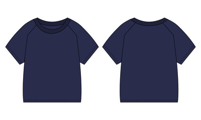  Short sleeve Raglan T shirt Technical Fashion flat sketch Vector illustration navy Color template for baby boys.