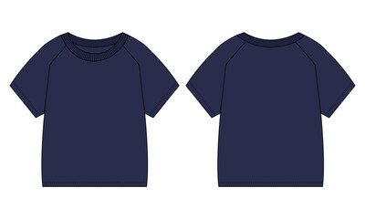 Naklejka premium Short sleeve Raglan T shirt Technical Fashion flat sketch Vector illustration navy Color template for baby boys.