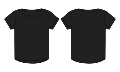 Naklejka premium Short sleeve T shirt tops technical fashion flat sketch vector Illustration black color template for ladies and baby girls. Basic apparel Design Women's unisex Mockup CAD.