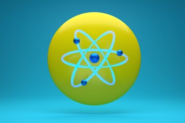 atomic energy symbol with atoms, molecules, in round dialog box with blue background. 3d render illustration