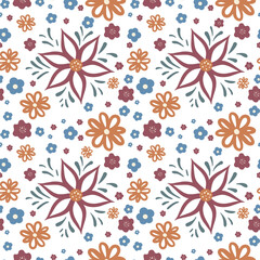 Vector seamless repeatable pattern with different kinds of decorative flowers: purple, blue, and orange. 