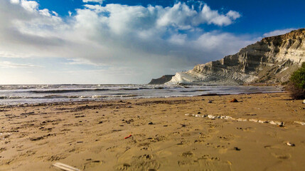 Aerial drone viewpoint on Stair of the Turks. Scala dei Turchi is a rocky cliff on the southern coast of Sicily, Italy