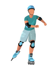 Fototapeta na wymiar Guy on a roller skating outdoors vector flat illustration. Young man practicing extreme physical activity isolated on white. recreational sports