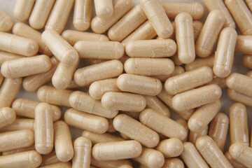 close up of Herb capsule, Nutritional Supplement on table ,