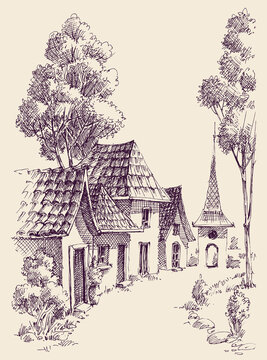 Small village streets and buildings vector sketch