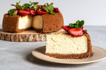 New York cheesecake is a dessert that is an open pie or even a cake. Decorated with strawberries. It consists of two main parts: sand base and cheese filling.