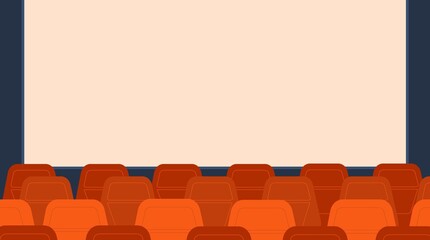 Empty cinema hall. Nobody movie theater, theatre screen with rows red chair, luxury opera seats black auditorium for video conference, dark audience room, vector illustration