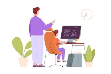 Homework help on pc. Father teaching teen student computer elearning, helpful parent learn child sitting schooler boy study online school courses, vector illustration