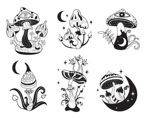 Mystic mushrooms. Celestial witchy mushroom with outline mystical elements, moon phase esoteric stars sakral gothic items mushrooming, hippie psilocybin tattoo drawing neat vector