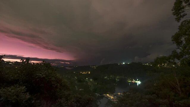 Lightning And Storm Clouds Close A Dramatic Sunset Over Sydney Bushland And Middle Harbour